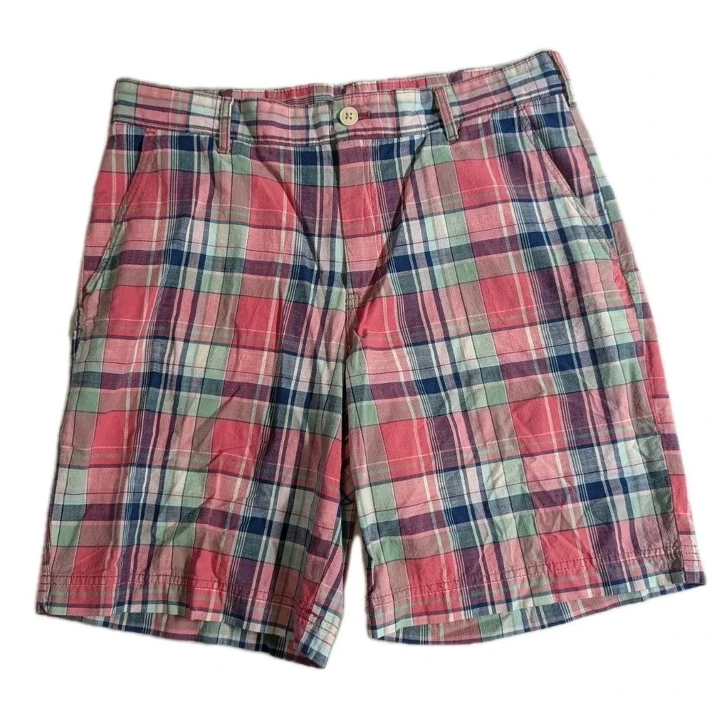 IZOD Shorts Mens 34 Tan Blue Plaid 9